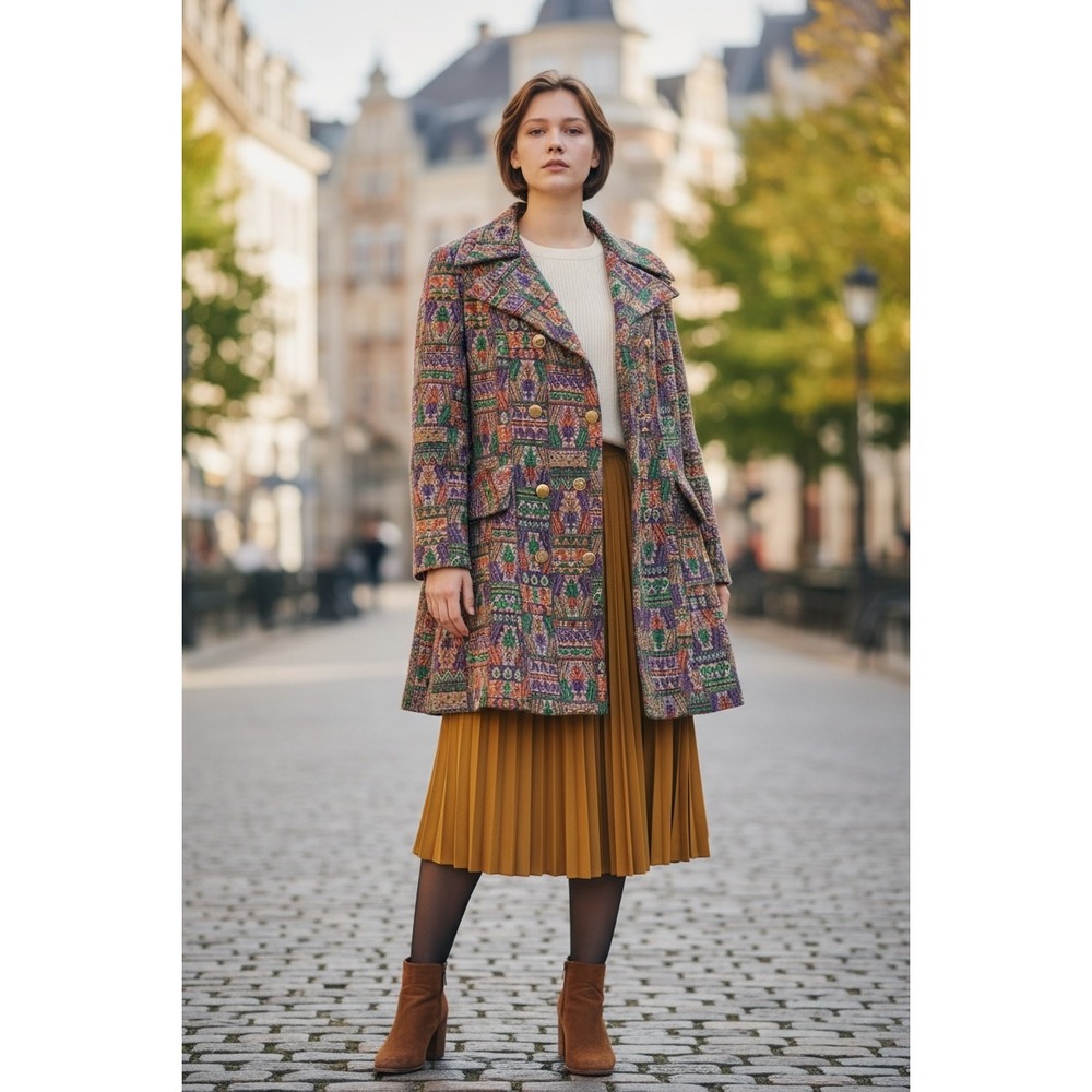 60s 70s Tapestry Swing Coat Jacket Small Geometric Double Breasted Boho